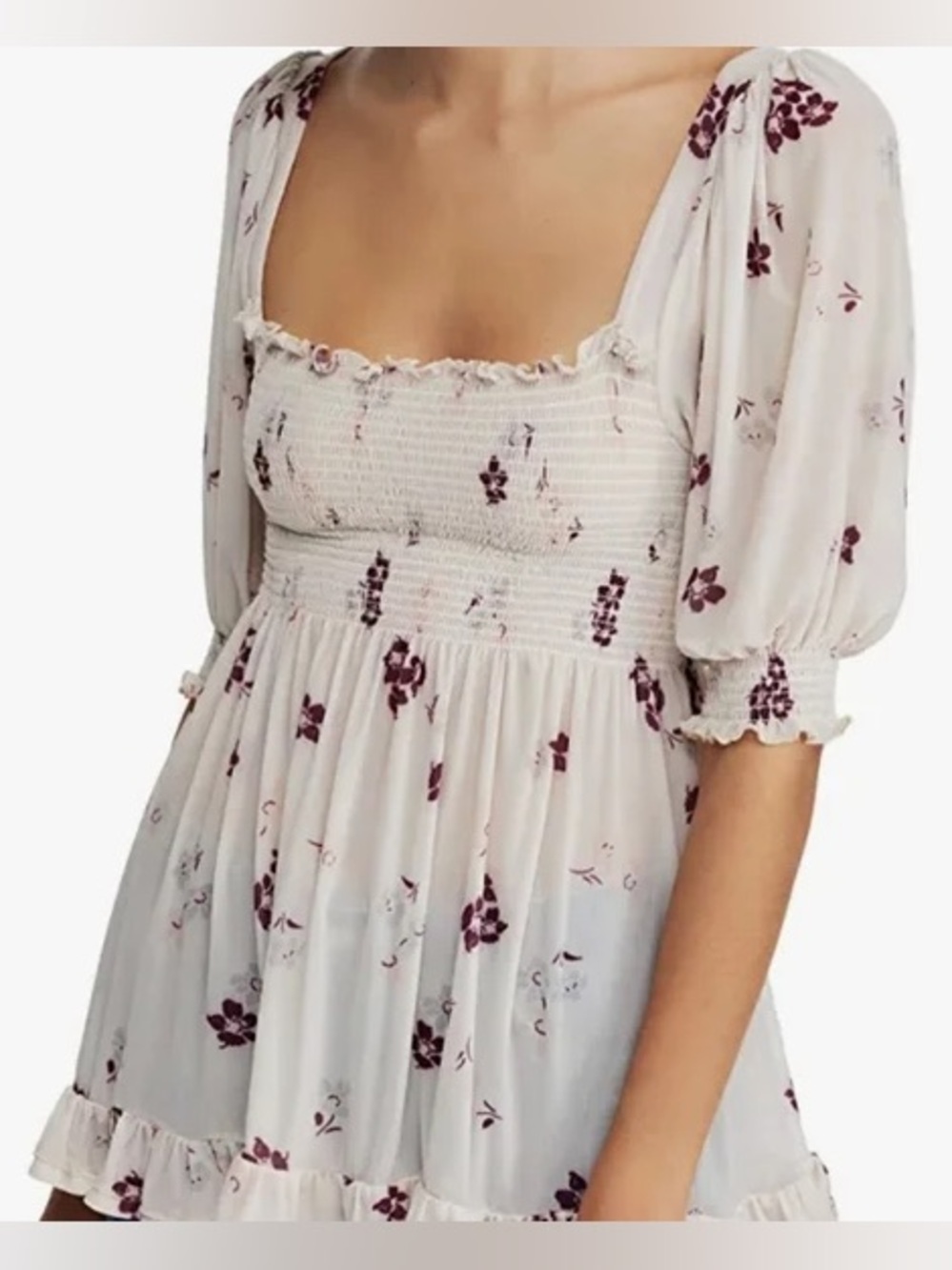 Free People Delta Dawn white Floral Smocked Top Medium